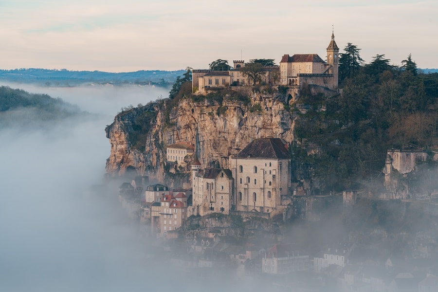 Rocamadour sunrise, Aerial view of the french village and castle